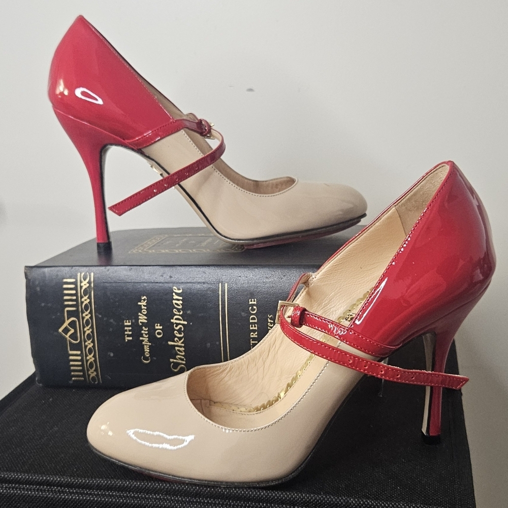 Charlotte Olympia Size 38 EU Beige & Red Jennifer Patent Leather Two Tone Pumps - Picture 3 of 10
